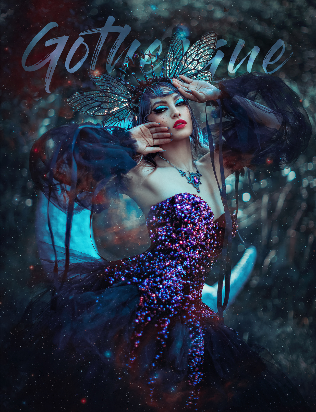 On the cover, we have an almost Ancient Greek wood nymph! Colors of cyan, magenta, purple, and even some reds bleed beautifully through this image, and although a still capture, it appears to remain in motion. A stunning model with unique makeup poses with an eyecatching gown and fae-inspired headdress. This mystical image is by Yellow Bubbles and Spoiled Cherry of the model Anjella Stoned. This creative team always creates nothing short of magic!